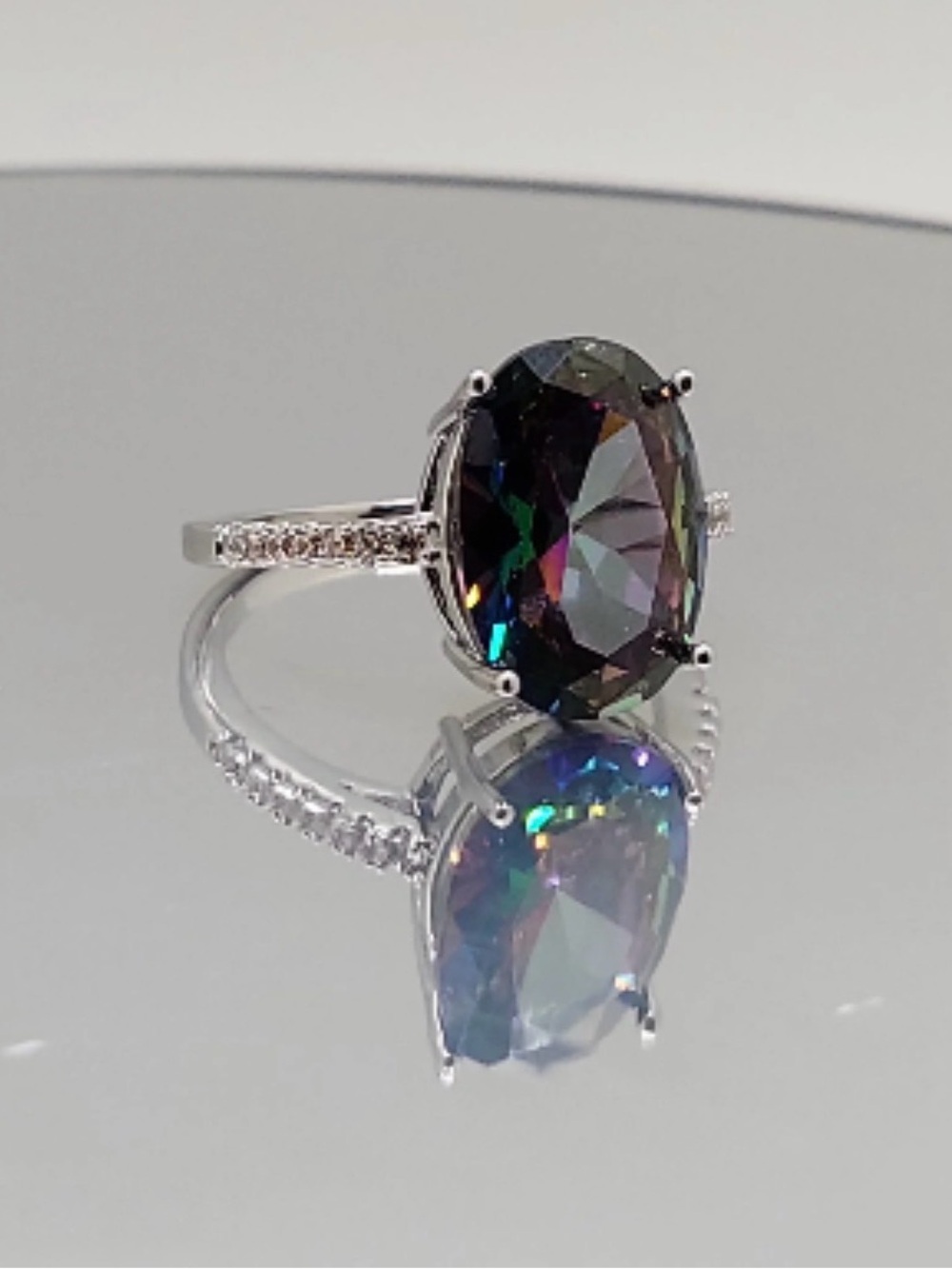 White Gold Plated Mystic Topaz Oval Solitaire Ring in Multi-Colour with CZ Band. - Picture 2 of 8